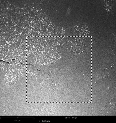 Die gelben Bereiche zeigen sich im Rasterelektronenmikroskop als dunkle Flächen. In diesem Bereich ließ sich neben einem erhöhten Titangehalt ein typisches Beschichtungsstoff-Spektrum detektieren. Mit sehr hoher Wahrscheinlichkeit handelt es sich dabei um die Rückstände der gelben Beschriftung.(DFO)