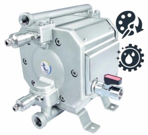 Freigestellte Doppelmembranpumpe Anwender profitieren von der um rund 60% reduzierten Farbrestmenge und von einer optimierten Spülbarkeit der Pumpe. Foto: Timmer GmbH
