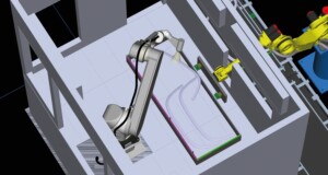 Computerdarstellung der Roboterlackierung Mit Robotersimulationen lassen sich Planungen schnell und leicht überprüfen und optimieren. Grafik: Reiter Oberflächentechnik