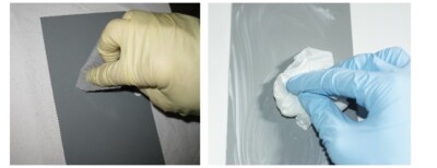 Links: Abriebtest - Rechts: Auftragen pastöser Stoffe als Film. Quelle: Fraunhofer IPA